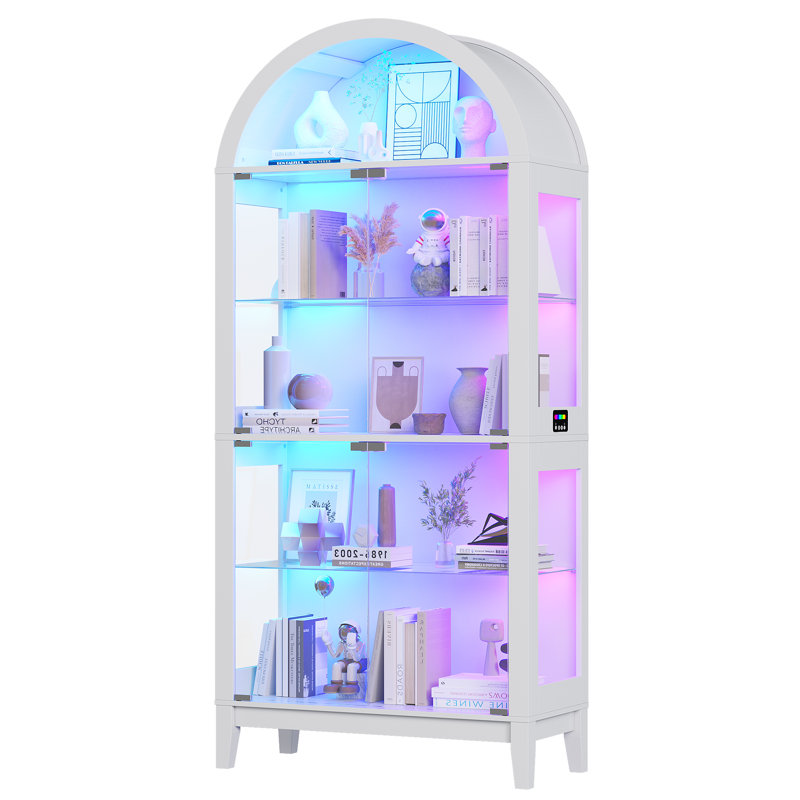 Bibliothèque moderne arquée avec portes en verre trempé et éclairage à DEL RVB contrôlé par une application - vitrine à 5 niveaux