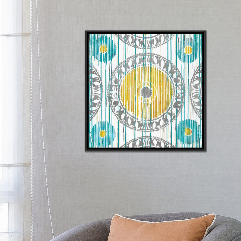 « spring ikat », reproduction d’impression sur toile, H 18 po x l 18 po x P 1,5 po, Toile avec cadre noir, Pas de tapis