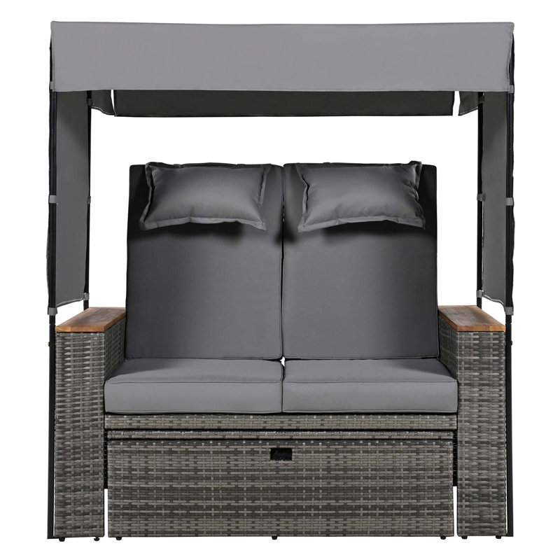 Outdoor Rattan Daybed With Multiple Functions And Comforts, Gray, Brown