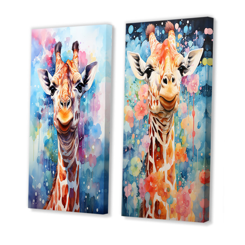 Portrait de girafe Pop Art - ensemble de salon mural girafe 2 pièces, H 28 po x l 25 po, Toile tendue