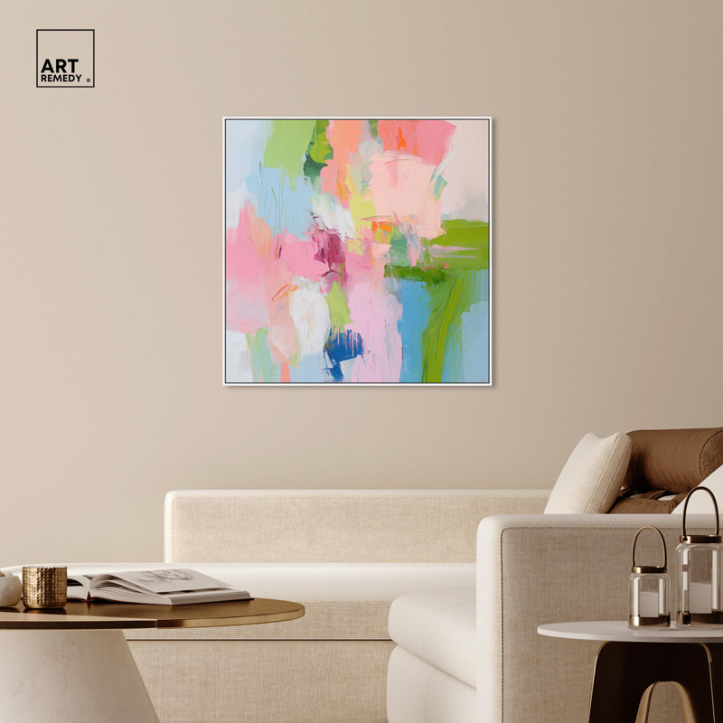 Dynamic Brushwork Canvas Modern Colorful Print by Art Remedy, White Floater Framed, 41" H x 41" W x 1.8" D