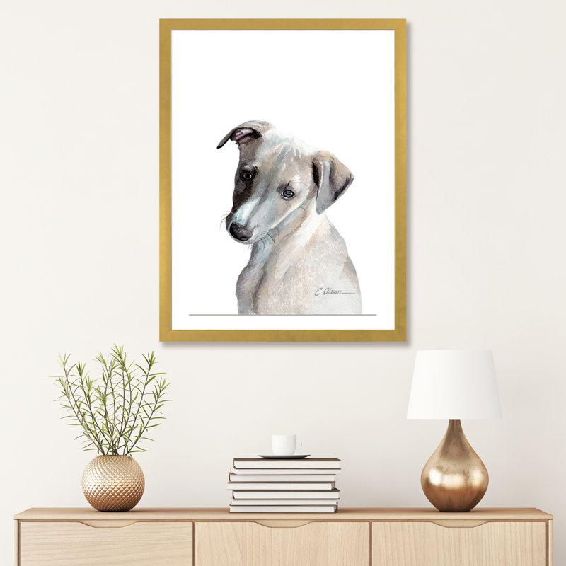 Whippet Puppy par Watercolor Luv - reproduction d'art, Blanc, H 32 po x l 24 po x P 1 po, Papier encadré doré
