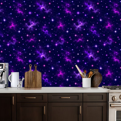 Peel and Stick Wallpaper Magic galaxy space shiny nebula Purple mysterious night sky light Contact Paper Removable Self Adhesive Wall Mural Wall Decor for Bedroom Kitchen Cabinets 17.7in x 118in