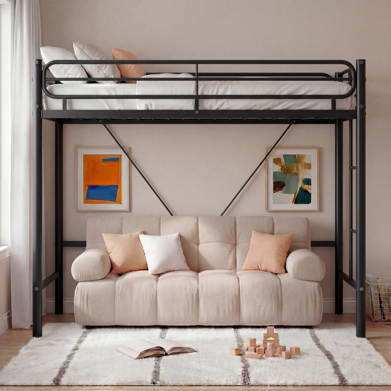 Lit mezzanine robuste pour enfants et adolescents - structure en métal avec garde-corps de 11,7 po, espace de travail sous le lit peu encombrant, capacité de 450 lb, aucun sommier nécessaire - lit d'atelier en T, noir