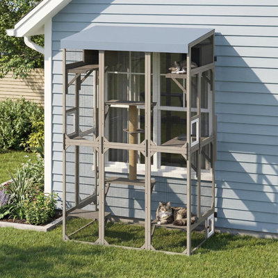 99.5" Extra-Tall Outdoor Cat Enclosure, Window-Attached Catio with 8 Platforms & Bug-Proof Mesh, Large Wooden Cat House, Grey