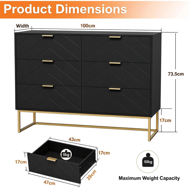 V-line 6 Drawer Chest of Drawers, Black