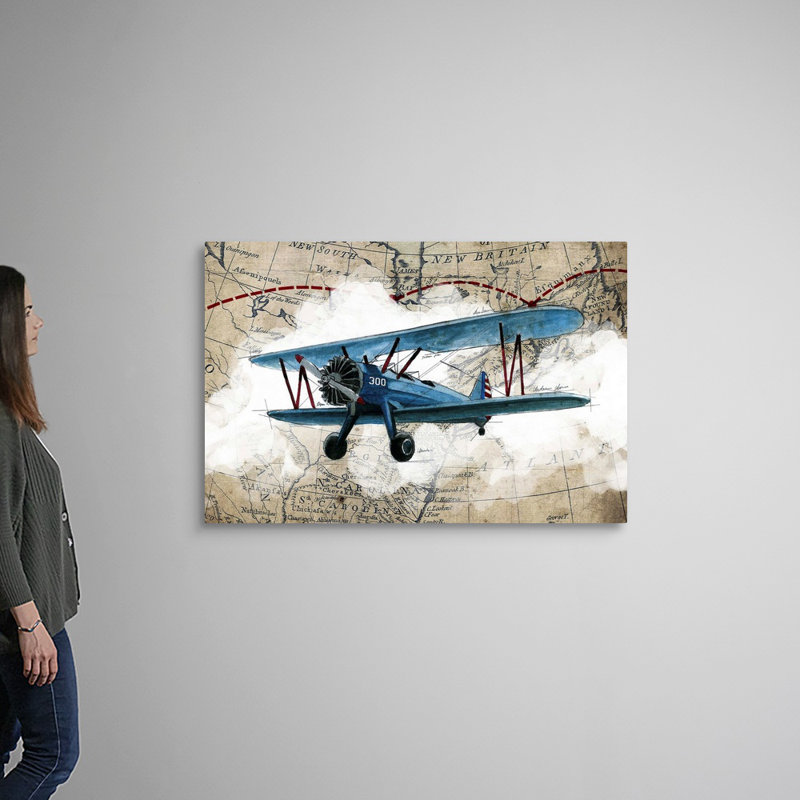 Biplane 1-impression d’art graphique sur toile, H 32 po x l 48 po x P 1,25 po, Toile tendue