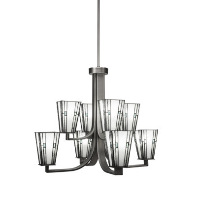 Apollo 8 Light Uplight Chandelier Shown In Graphite Finish With 5" Square Sky Ice Art Glass