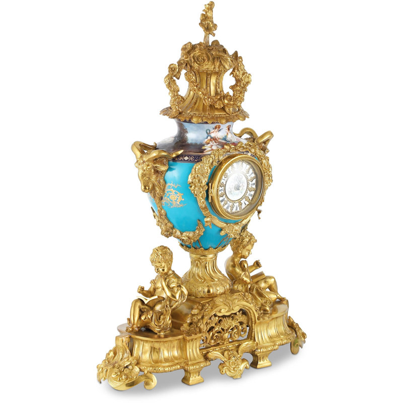 Teal & Bronze Porcelain Mantel Clock, 29 Inch Rococo Cherub Statement Clock with 3D Floral Crown & Goat Heads — Grand Centerpiece for Mantel & Console