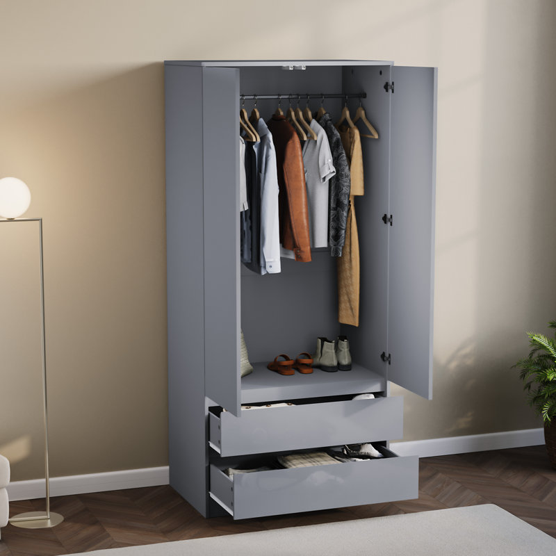 Oslo 2 Door 2 Drawer High Gloss Wardrobe, (FSC 100%) Bedroom Home Clothing Storage Furniture, Grey