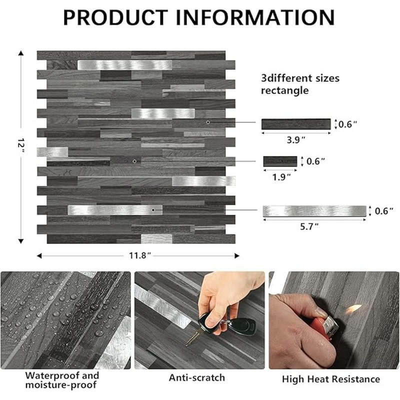 Carrelage mural en PVC à 10 feuilles pour dosseret de cuisine, Argent / noir / gris
