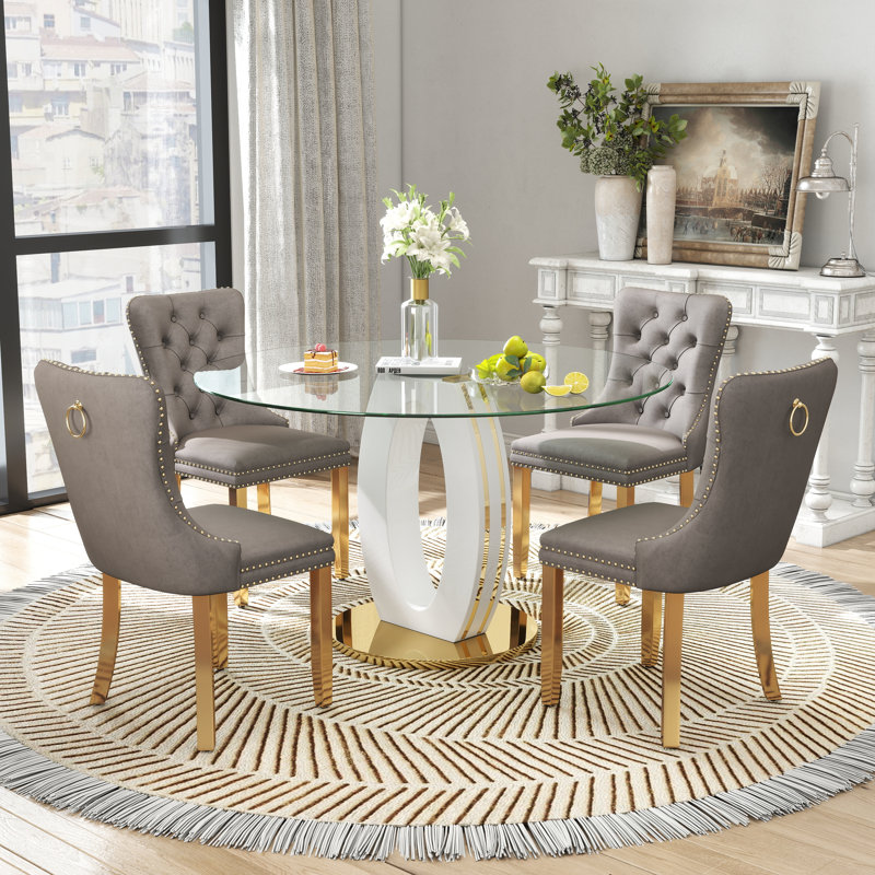High Gloss Round Dining Table Set with 4 Velvet Dining Chairs, White/Gold, Gray