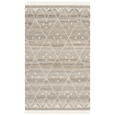 Natural Kilim Hand Woven Wool/Viscose/Cotton Geometric Rug in Natural Beige/Ivory