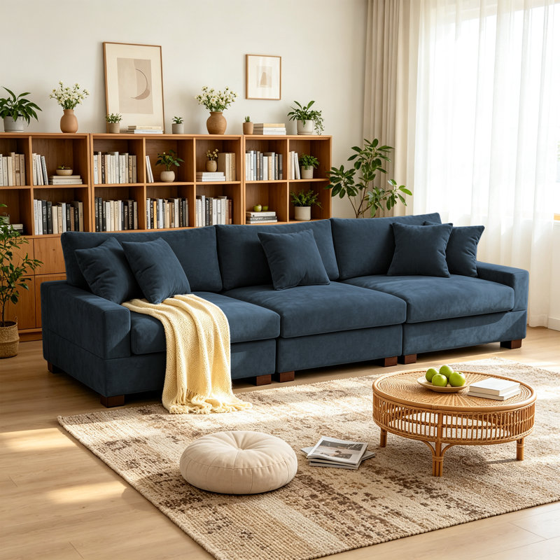 3 - Piece Upholstered Blue Chenille Modular Sectional Sofa with Armrests & Throw Pillows, Blue
