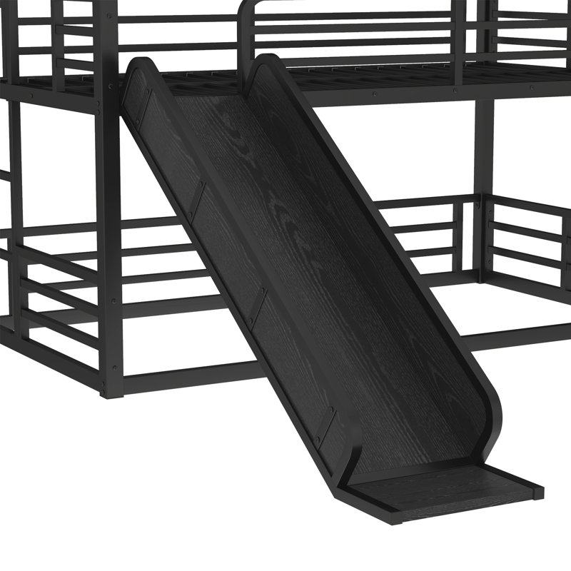 Twin XL Over Twin XL Over Twin XL Bunk Bed With Slide, Metal Triple Bunk Bed With Safety Guardrails, Heavy-Duty Bunk Bed With Noise-Reduced Design, Black