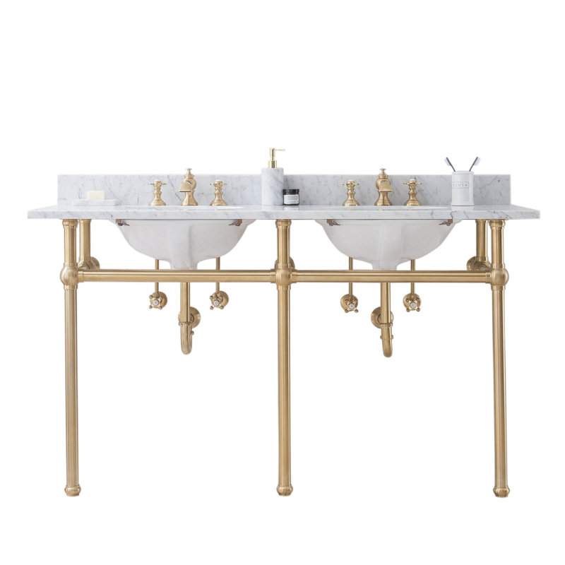 Copeland 33" Tall Stone Oval Console Bathroom Vanity with Faucet and Overflow, Satin Brass