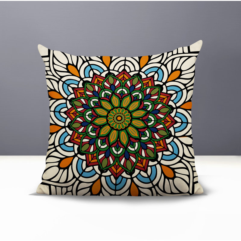 Oreiller carré réversible intérieur / extérieur Saanvi Mandala, Rouge / vert / bleu / orange, Carré 15 po