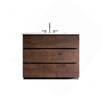 Meuble-lavabo 36 po en noyer avec lavabo 36 po avec 3 trous de robinet, grand meuble-lavabo autoportant pour salle de bain moderne, lavabo une pièce blanc sans drain et robinet, pré-assemblé