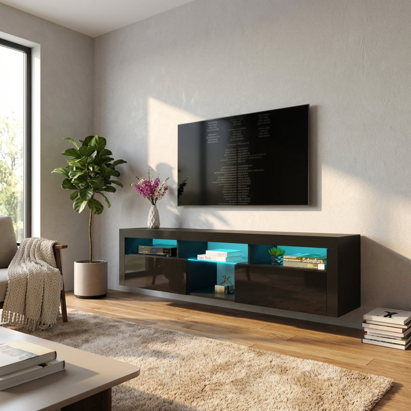 Meuble télé Sabacky pour téléviseur de 88 po ou moins, Noir, 17.7"H x 78.7"W x 13.8"D