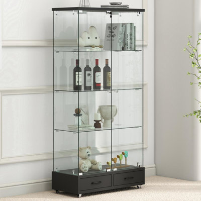 Modern Glass Display Cabinet with LED Lights, 2-Drawers, 4-Shelves and 2-Doors