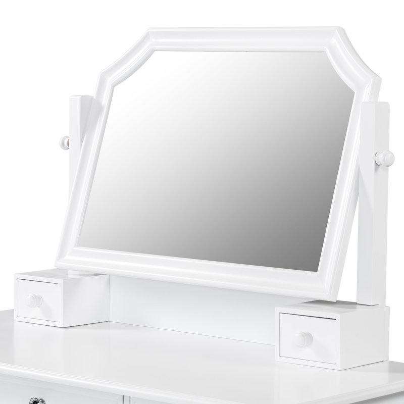 Meuble-lavabo de 44,4 po avec grand miroir réglable de 28,4 po, 5 tiroirs de rangement, 2 compartiments d'armoire, design contemporain blanc, différentes armoires pivotantes pour station de maquillage, finition, espace