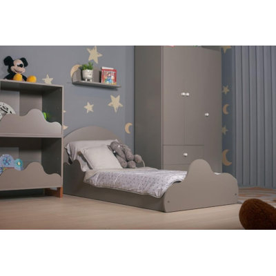 Lit simple pour enfant sur le thème des nuages, finition grise - Base de lit pour enfant en bois avec une tête de lit arrondie et des panneaux latéraux en forme de nuage - Mobilier de chambre à coucher moderne