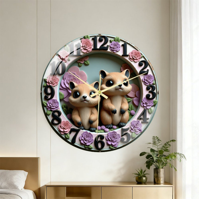 Horloge murale mignonne en forme d'écureuil à motif floral 16 po