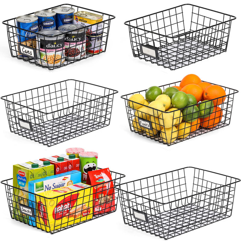 Extra Large Black Metal Wire Storage Baskets with Labels, Set of 6