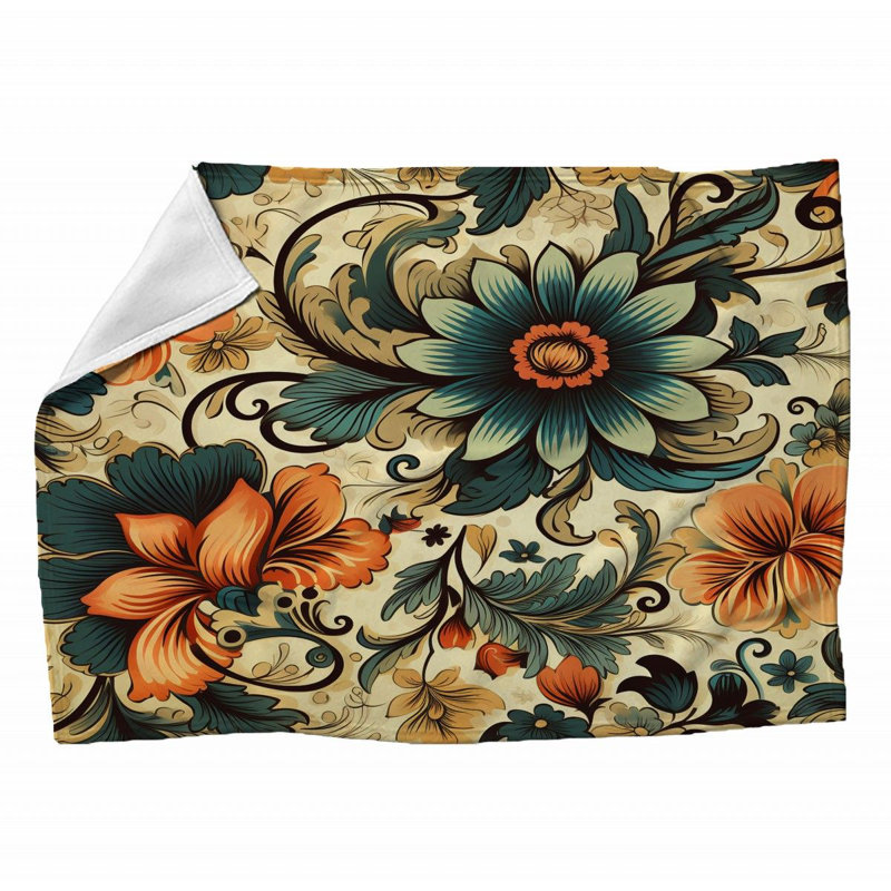 Machine Printed Throw Blanket, 80" L x 60" W, Floral, Dark Green/Beige