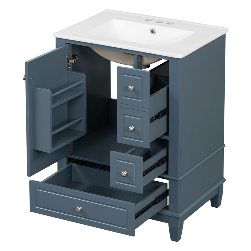 Meuble-lavabo simple autoportant 24 po avec lavabo en céramique, armoire de rangement avec 3 tiroirs et porte, Bleu gris, 24