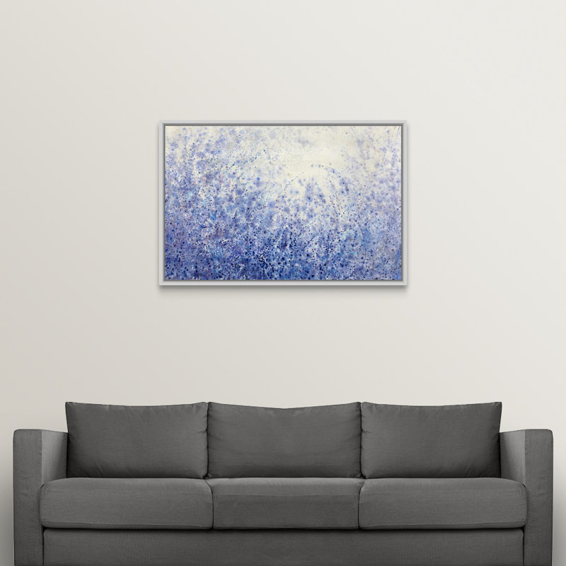 « blue jardin escape », peinture sur toile, H 33,7 po x l 49,7 po x P 1,75 po, Cadre flottant blanc