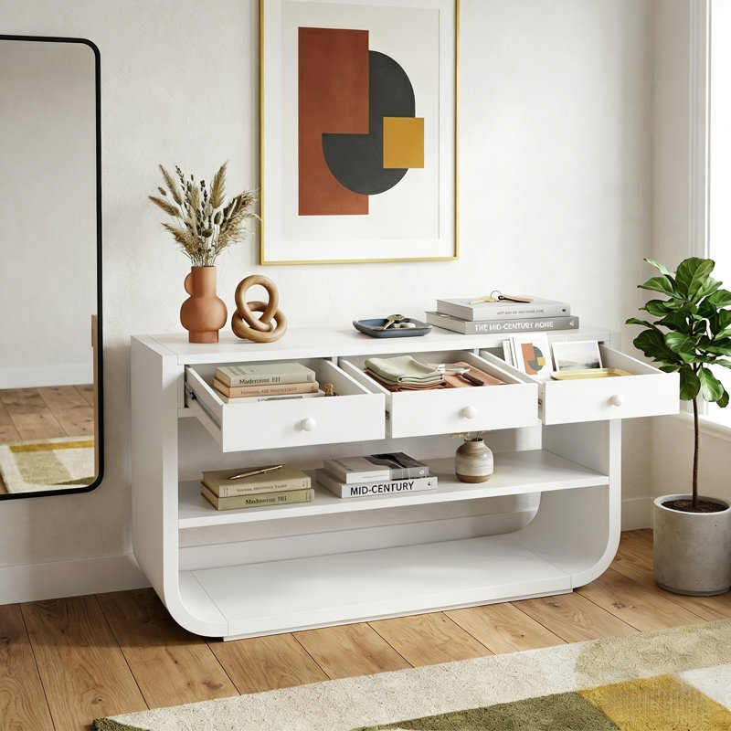 Console courbée en bois massif de 55 po avec 3 tiroirs à fermeture en douceur Japon, Blanc