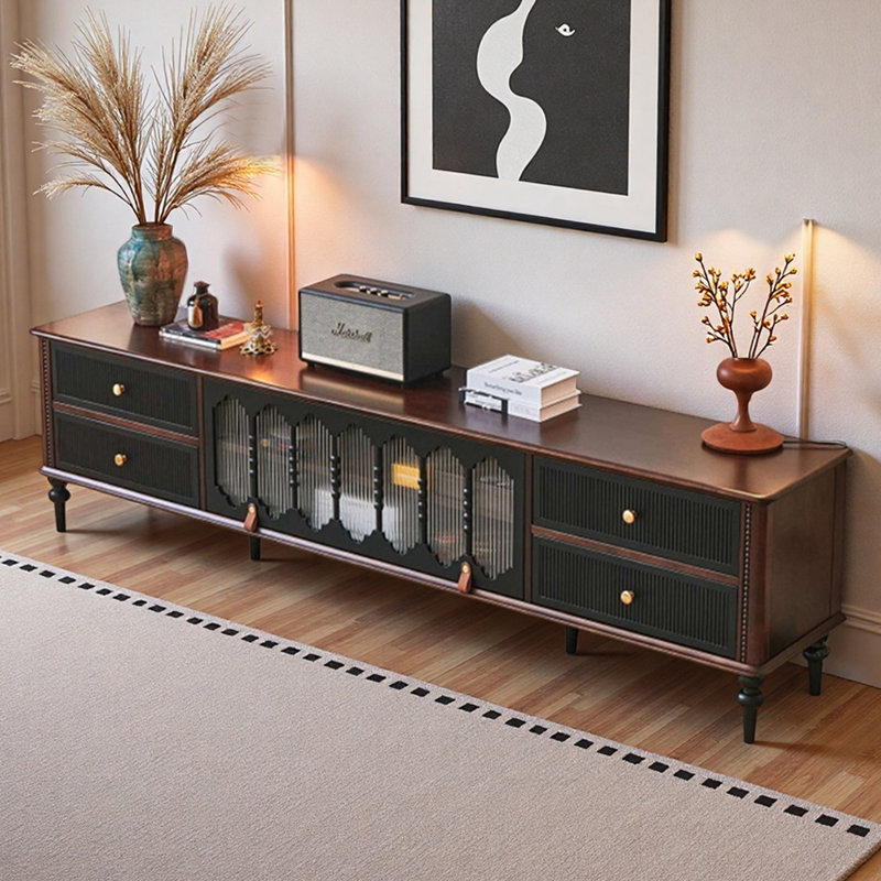 Meuble télé en noyer avec portes d'armoire en verre nervuré, H 21,65 po x L 86,61 po x l 15,75 po, Noir / brun