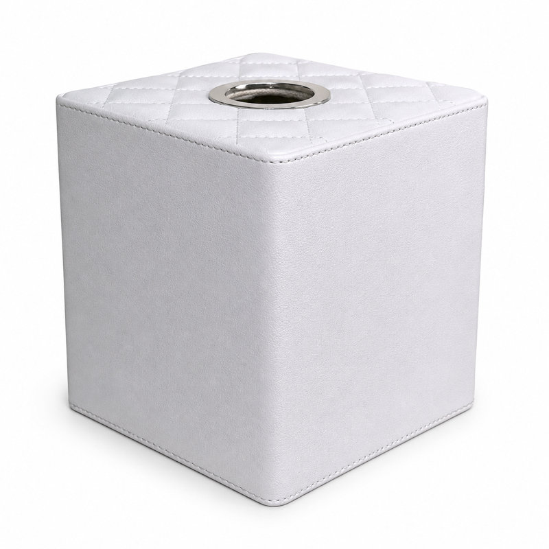 White Tufted Leather & Steel Tissue Box Cover