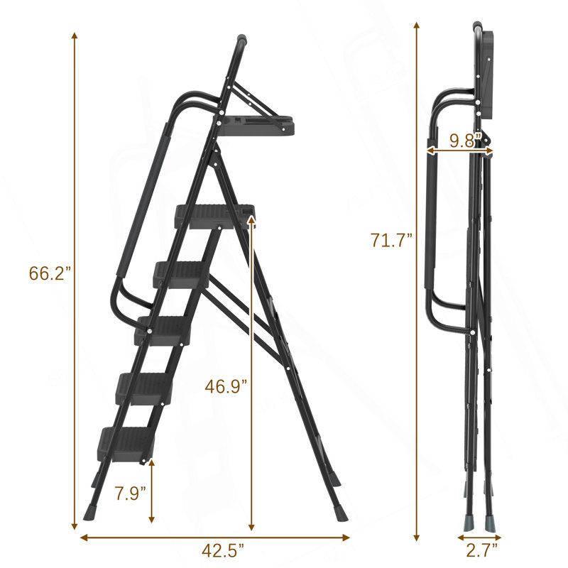 Escabeau pliant à 5 marches avec rampes et plateforme à outils, escabeaux pour adultes d'une capacité de 330 lb, Noir