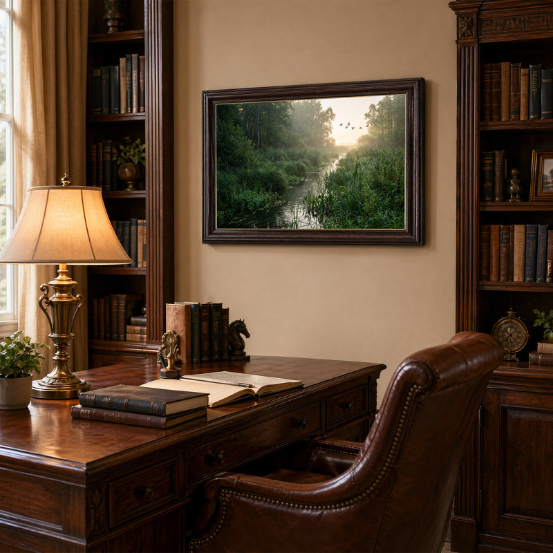 Art mural sur toile, "Misty Stream Through Green Reeds with Flying Birds", 16"H x 24"W