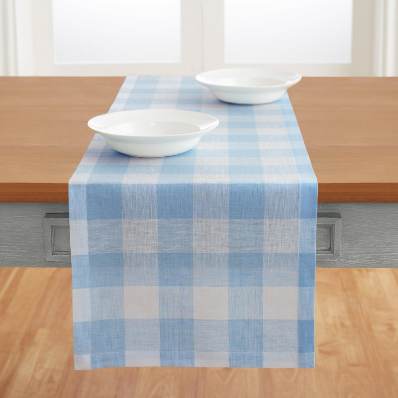 Buffalo Check - 100% Pure Linen Table Runner, 132" x 14", Blue Bell