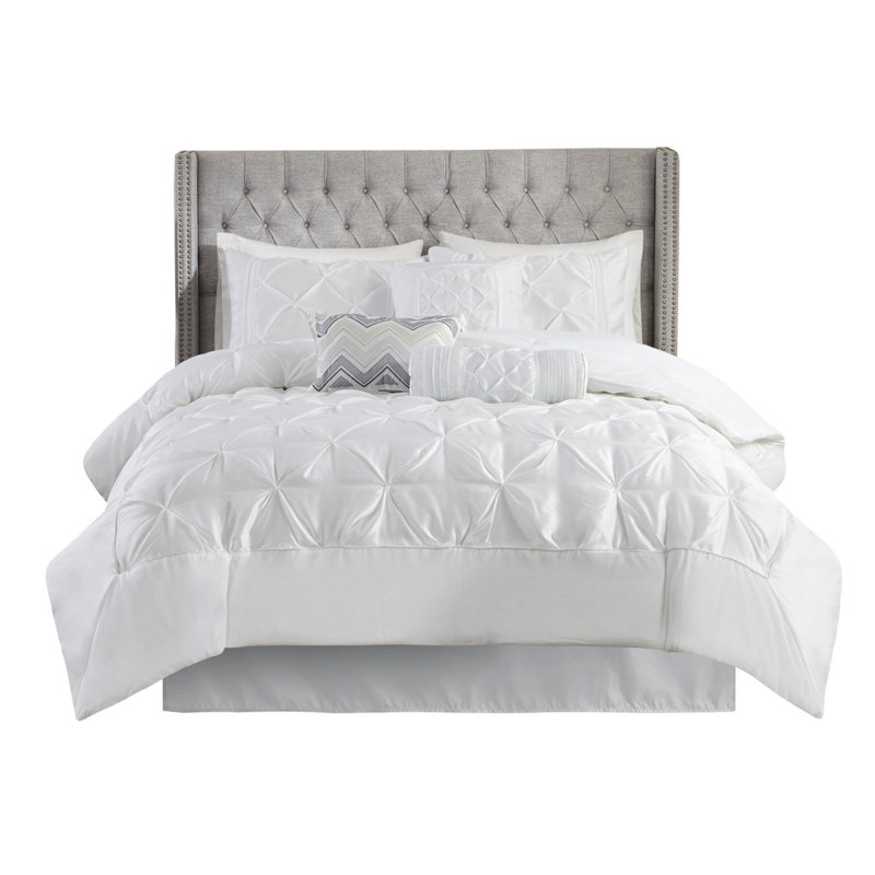 Édredon 7 pièces - Très grand édredon blanc, 1 taie décorative, 2 taies décoratives, 3 coussins décoratifs, Jupe de lit plissée - Literie splendide facile à repasser