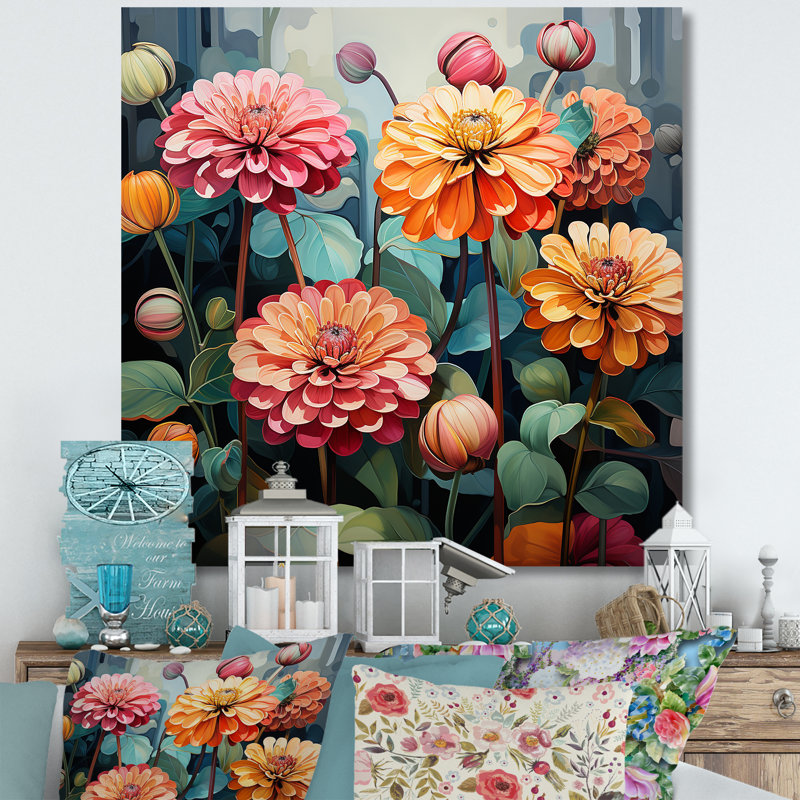 "Binn Zinnias fleurs" - impression sur toile Zinnias, Toile tendue, H 24 po x l 24 po x P 1 po