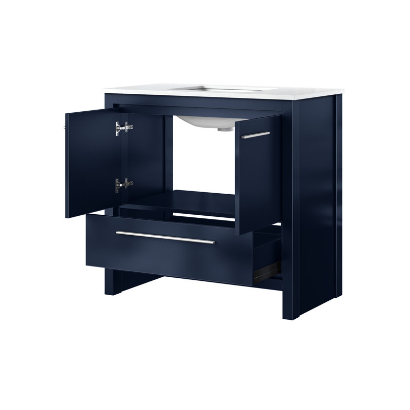 Bleu marine 36 po L 20 po x P 20 po - comptoir en quartz blanc, structure en bois massif, fermeture en douceur, égratignure et teinture, armoire intérieure, tablette ouverte avec tiroirs pour l'espace de rangement, robinet pré-percé de 36 po x 20 po