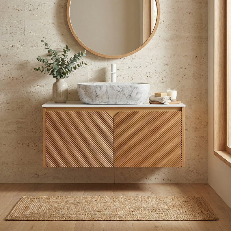 36" Modern Floating Bathroom Vanity with Twill Textured Wood Veneer Doors, Carrara White Sintered Stone Top & Ceramic Vessel Sink Options