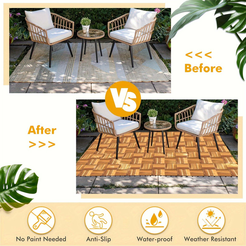 Carreaux de terrasse emboîtables en bois massif naturel pour une utilisation polyvalente à l'extérieur et à l'intérieur dans les espaces de patio, de jardin, de balcon et de piscine.