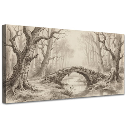 Vintage Rural Wall Art, Neutral Sketch Style Canvas Wall Decor for Living Room, Serene Bridge and Trees Artwork Gallery Wrapped, Ready to Hang, 20x40 Inches