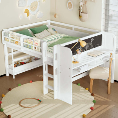 Loft Bed With Multi-Storage Bookcases, Boxes And Drawers, Solid Wood Low Loft Beds With Desk And Blackboard, No Box Spring Needed