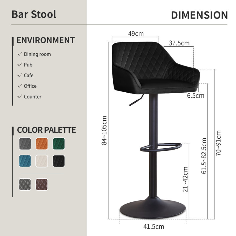 Height Adjustable Upholstered Velvet Bar Stools, Black