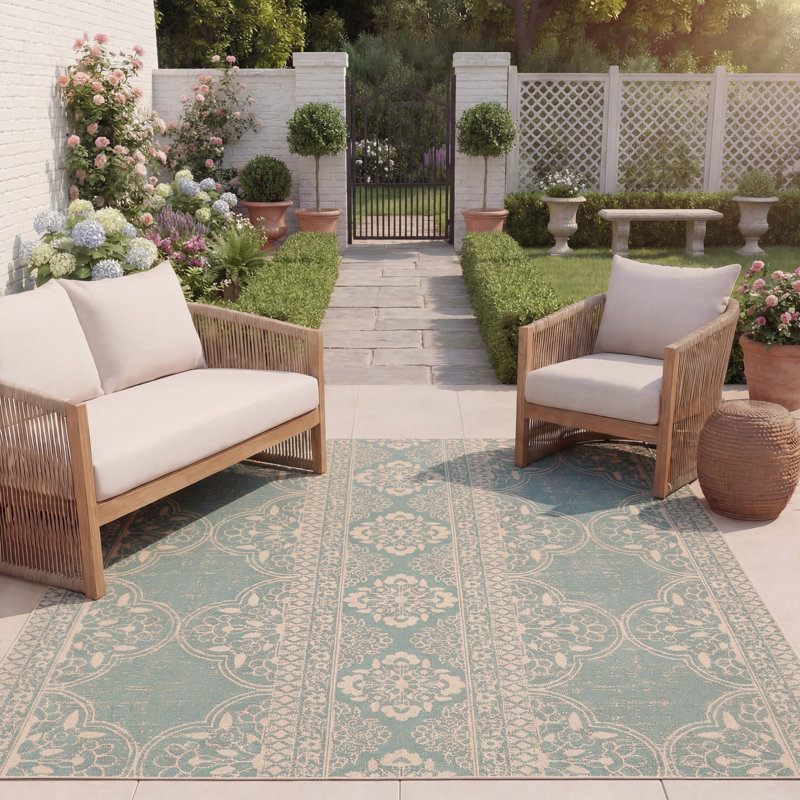 Danya Cream/Aqua Indoor/Outdoor Area Rug, Rectangle 8' x 10'