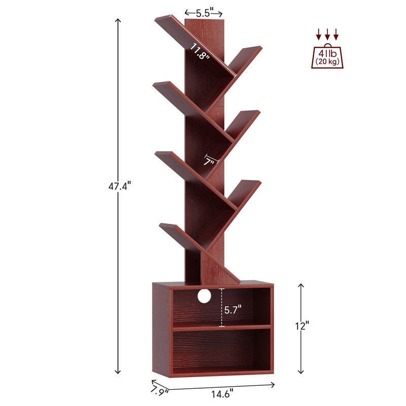 Bibliothèque à 6 niveaux avec armoire de rangement et bibliothèque étroite pour petits espaces, Cerisier
