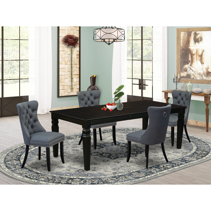5 Piece Dining Table Set Contains a Rectangle Wooden Table with Butterfly Leaf and 4 Polyester Fabric Upholstered Chairs, 42x84 Inch, Black