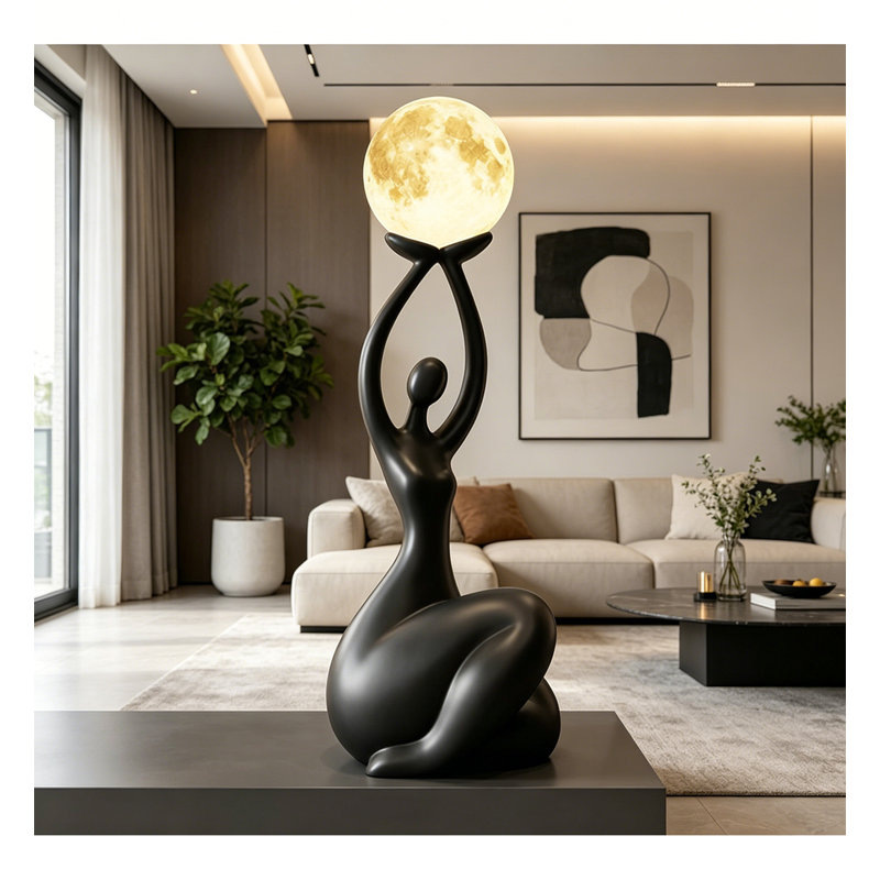 Modern Abstract Resin Sculpture Floor Lamp with Moon Light, Black