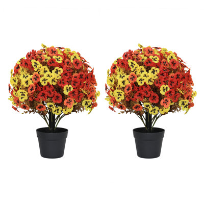 24'' Artificial Flower Topiary Trees Set of 2, Fall Faux Floral Plants with Red Orange Yellow Blooms, UV Resistant Outdoor Porch Patio Home Decor